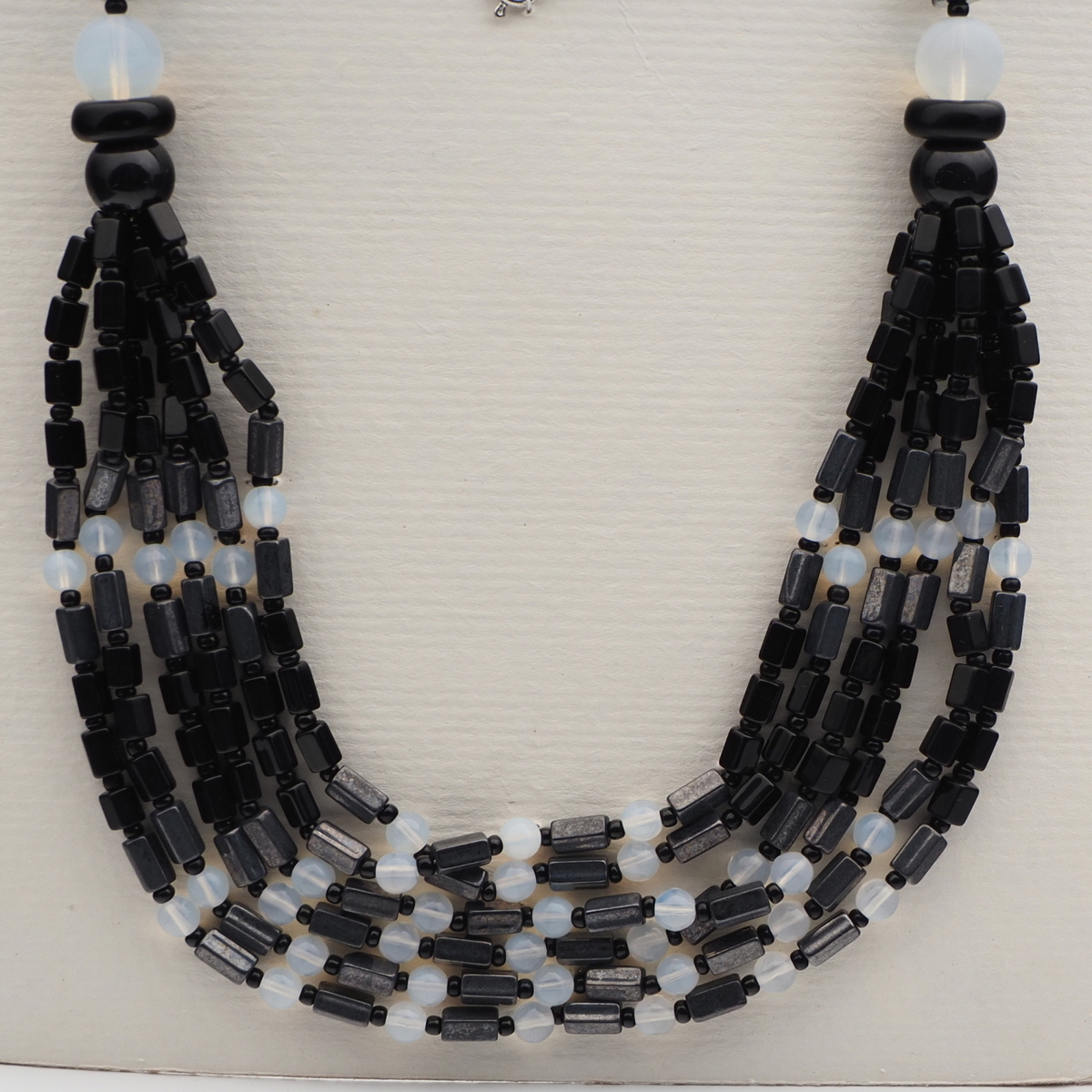 Vintage Czech 1 to 6 strand necklace hematite black pentagon opaline glass beads 