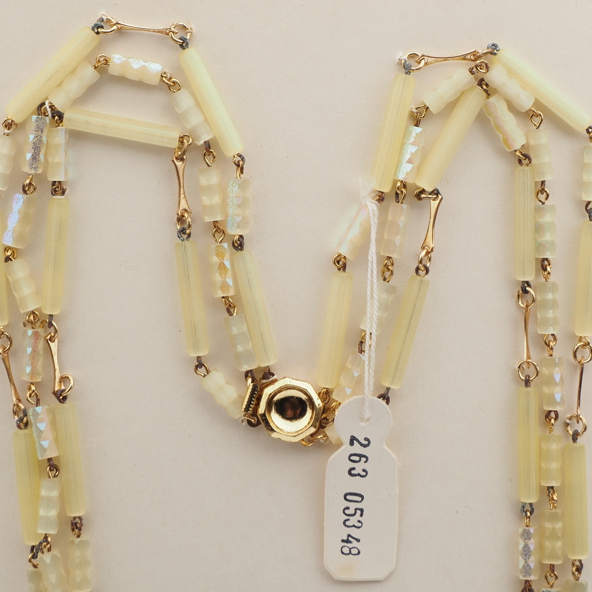 Vintage Czech 3 strand link necklace yellow satin atlas bugle glass beads 
