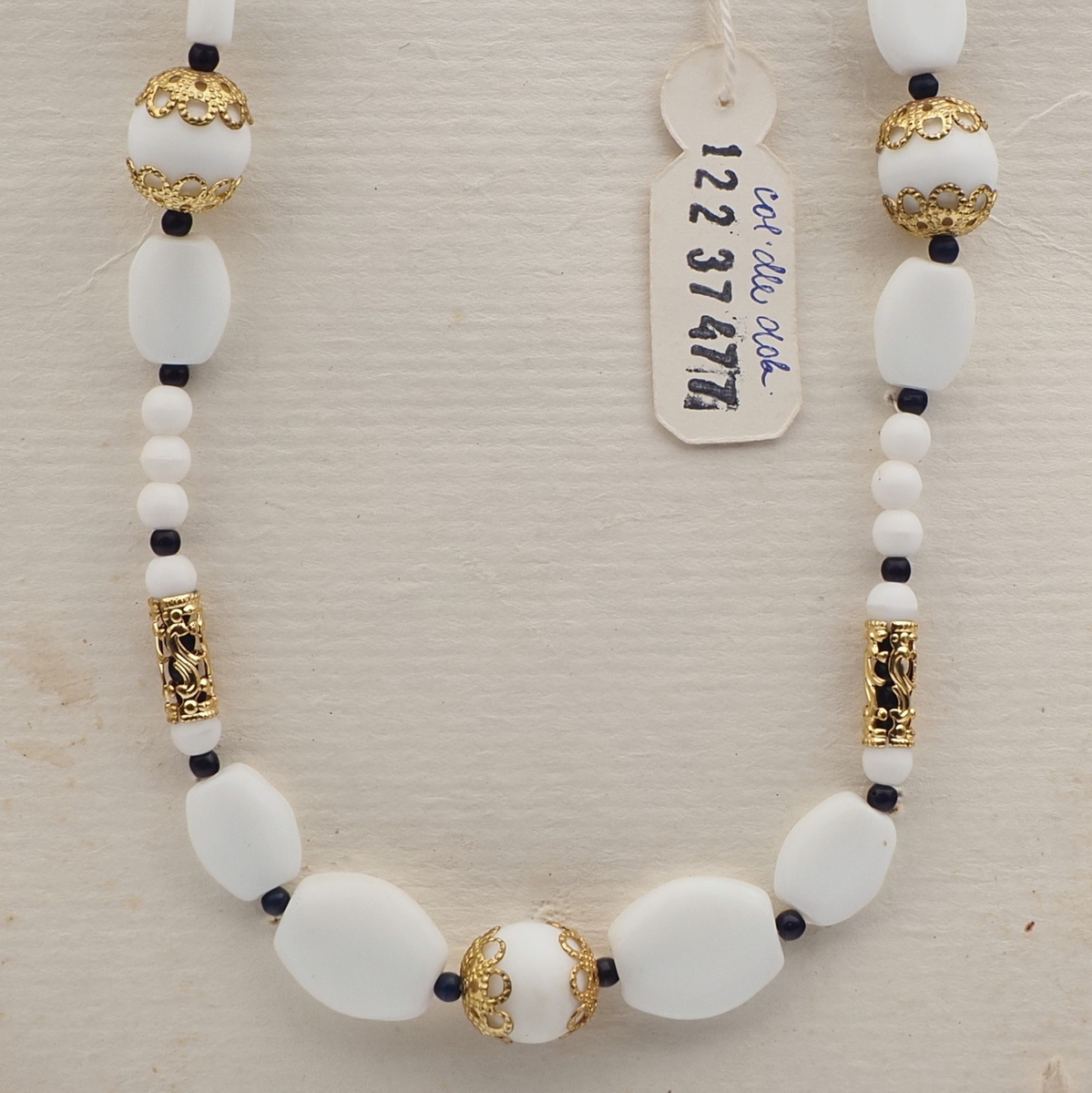 Vintage Czech necklace element white round oval glass beads 24"