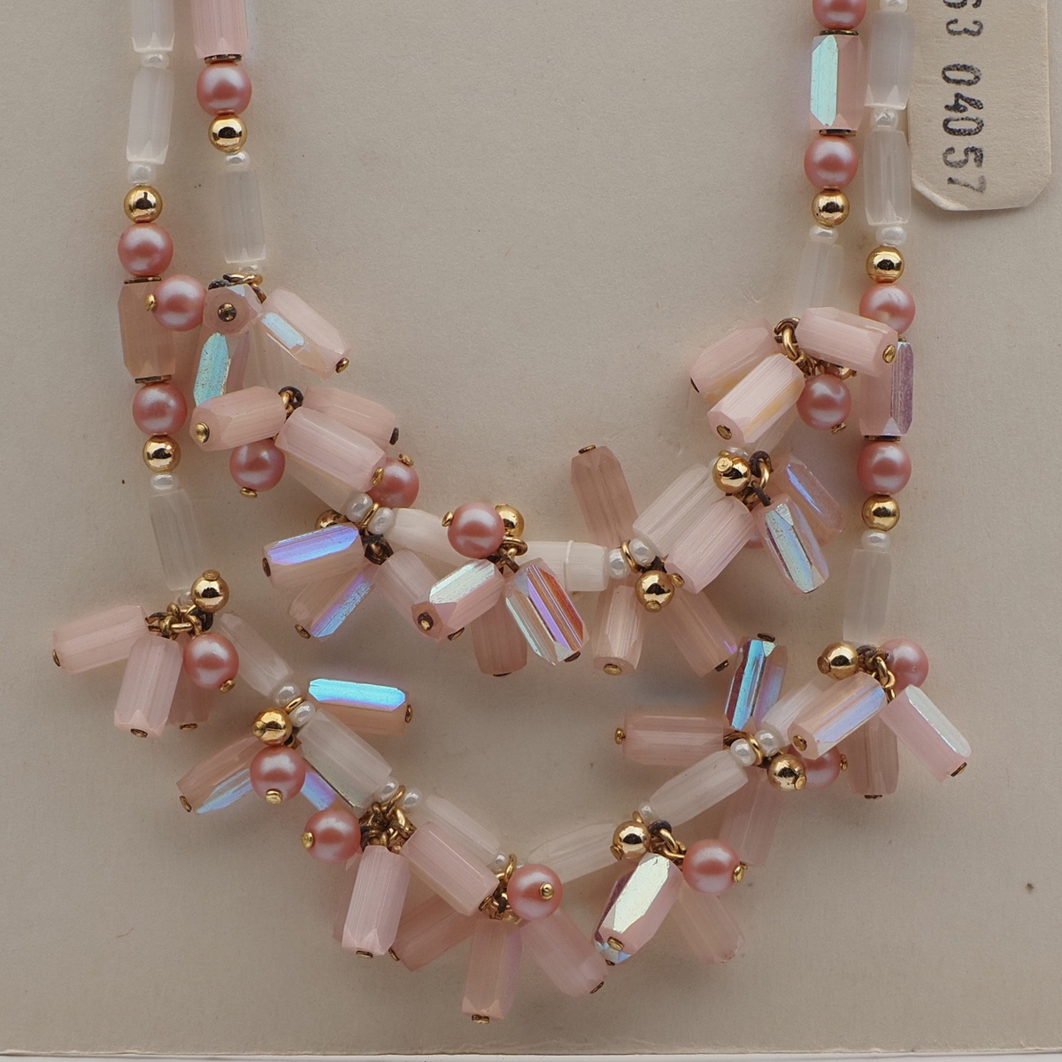 Vintage Czech 2 strand necklace vitrail pink satin atlas pentagon glass beads 
