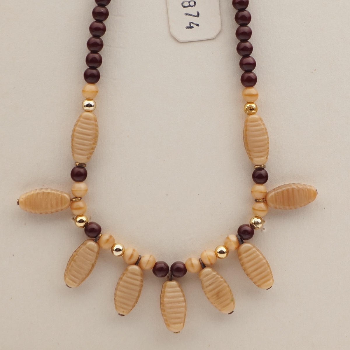 Vintage Czech necklace brown satin beige glass beads 