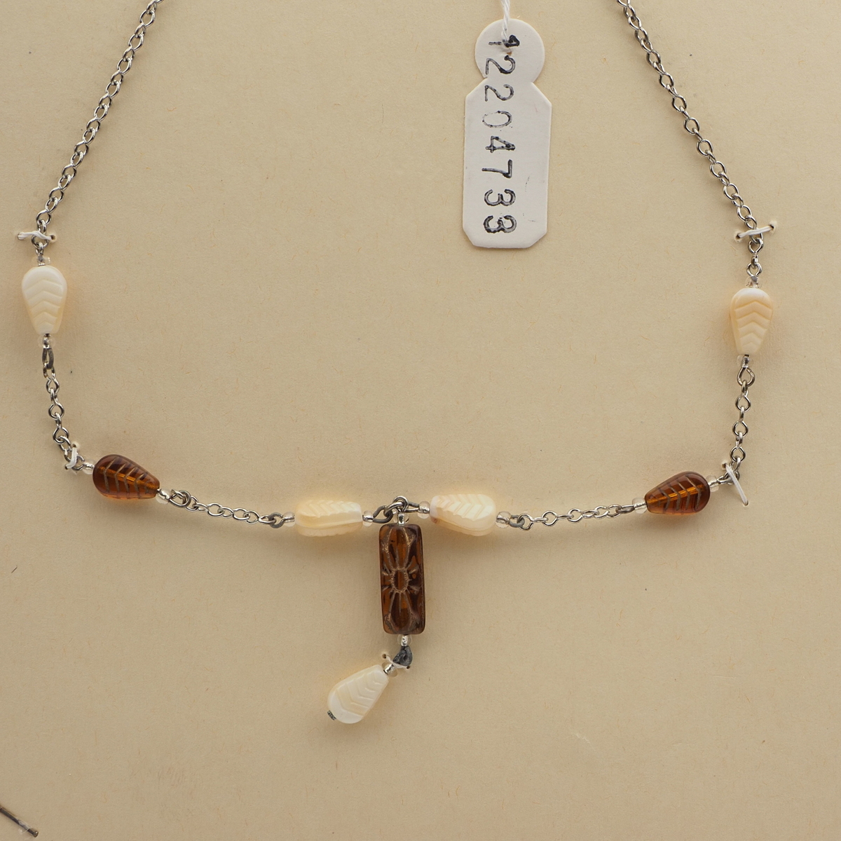 Vintage Czech silver chain necklace beige topaz gilt glass beads 