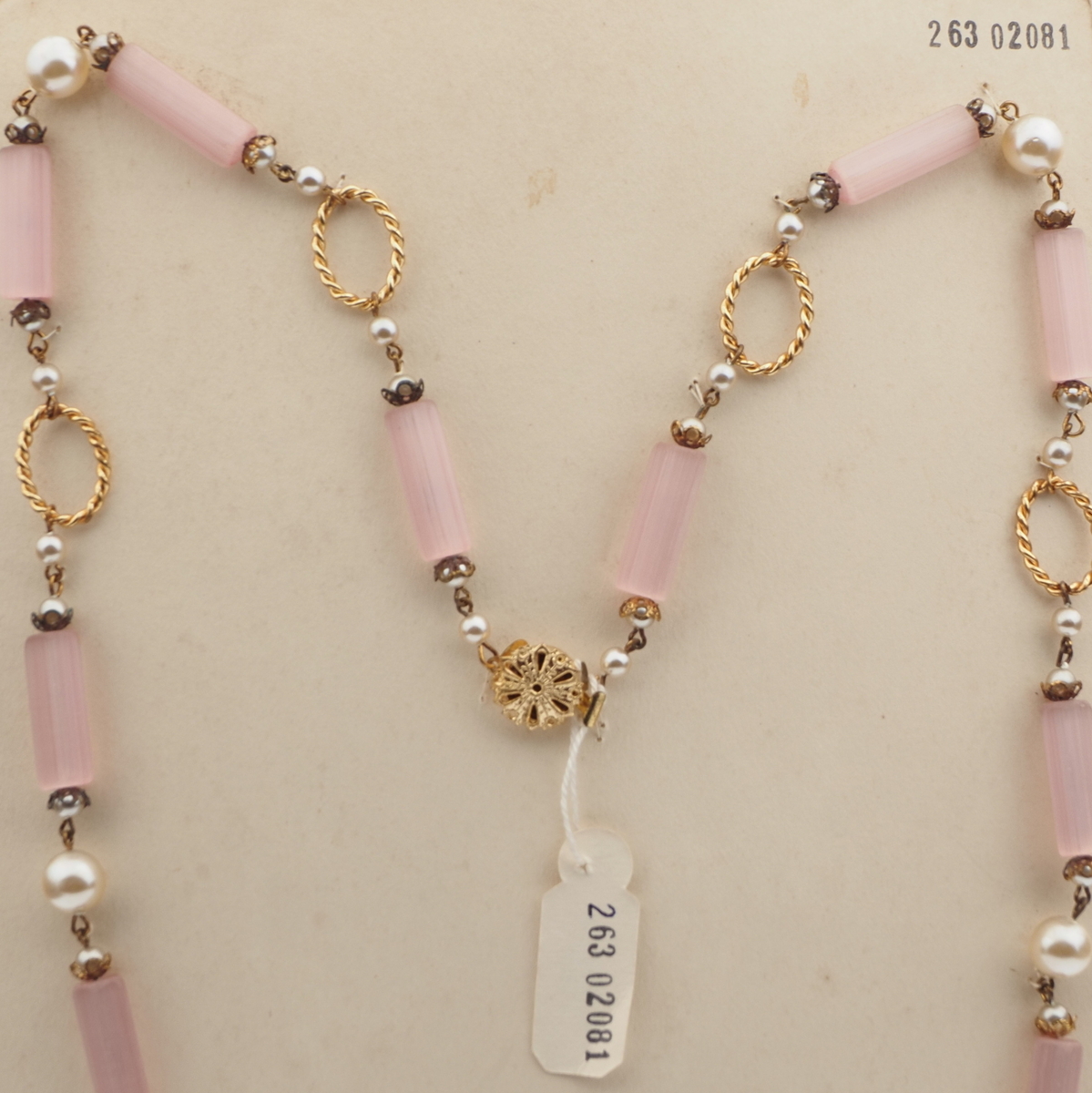 Vintage Czech link necklace pink satin atlas bugle glass beads 