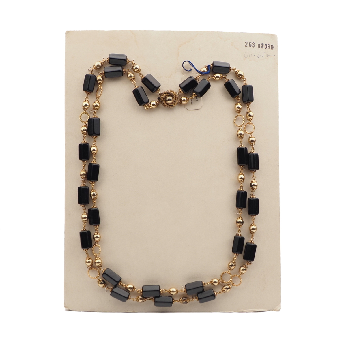 Vintage Czech 2 strand link necklace black pentagon gold glass beads 