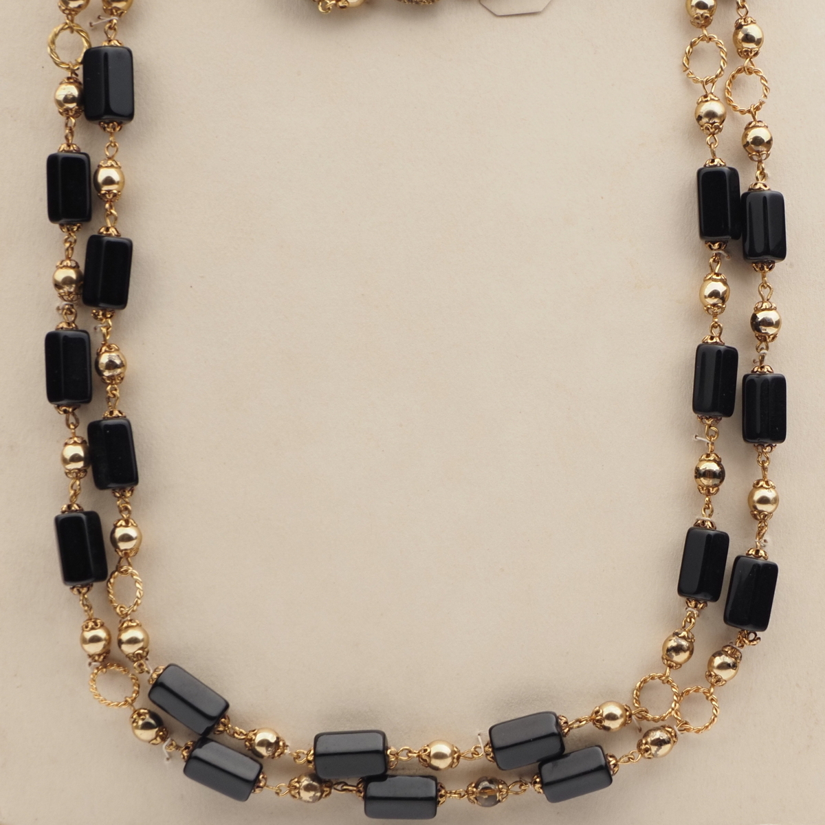 Vintage Czech 2 strand link necklace black pentagon gold glass beads 