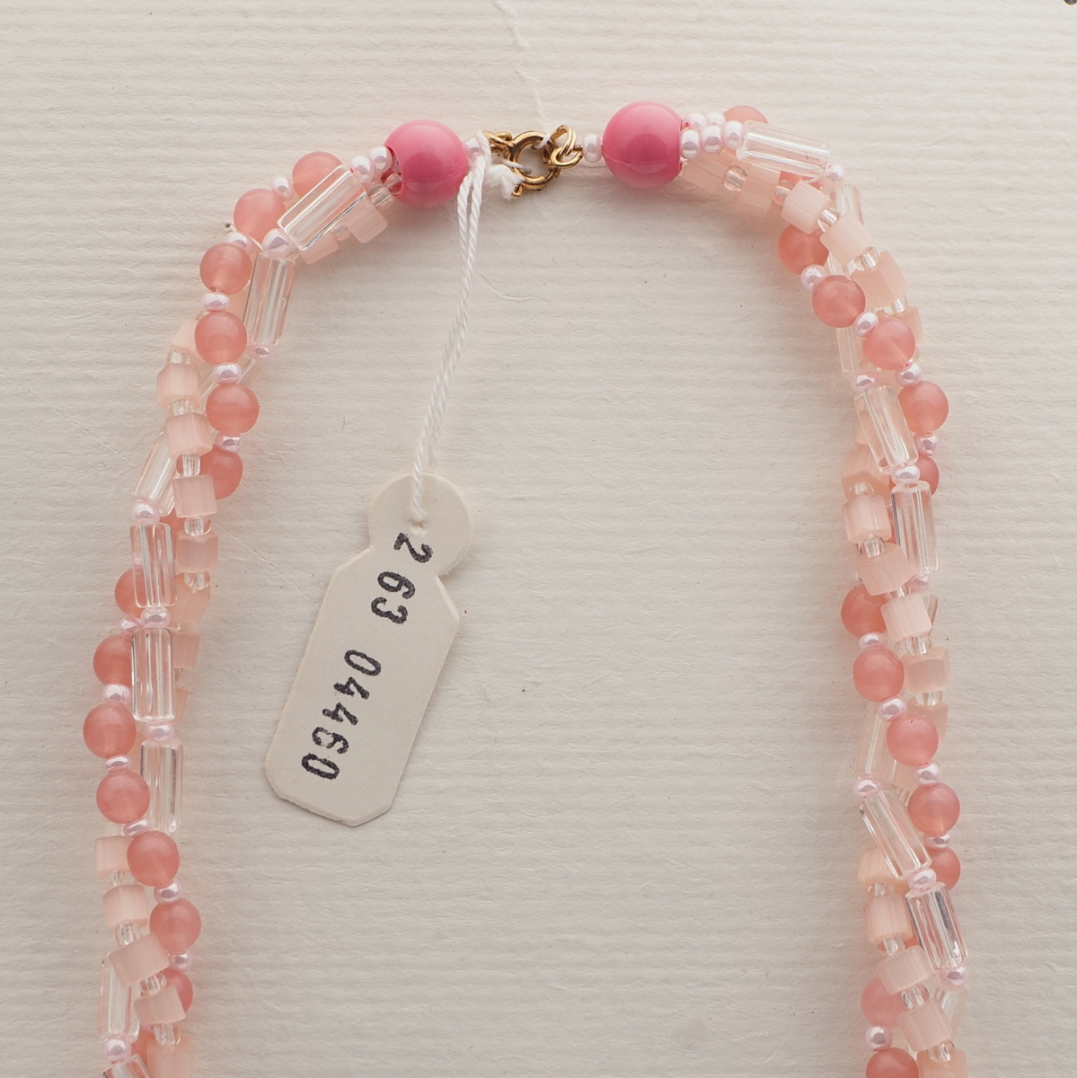 Vintage Czech 3 strand necklace pink satin atlas opaline clear glass beads 