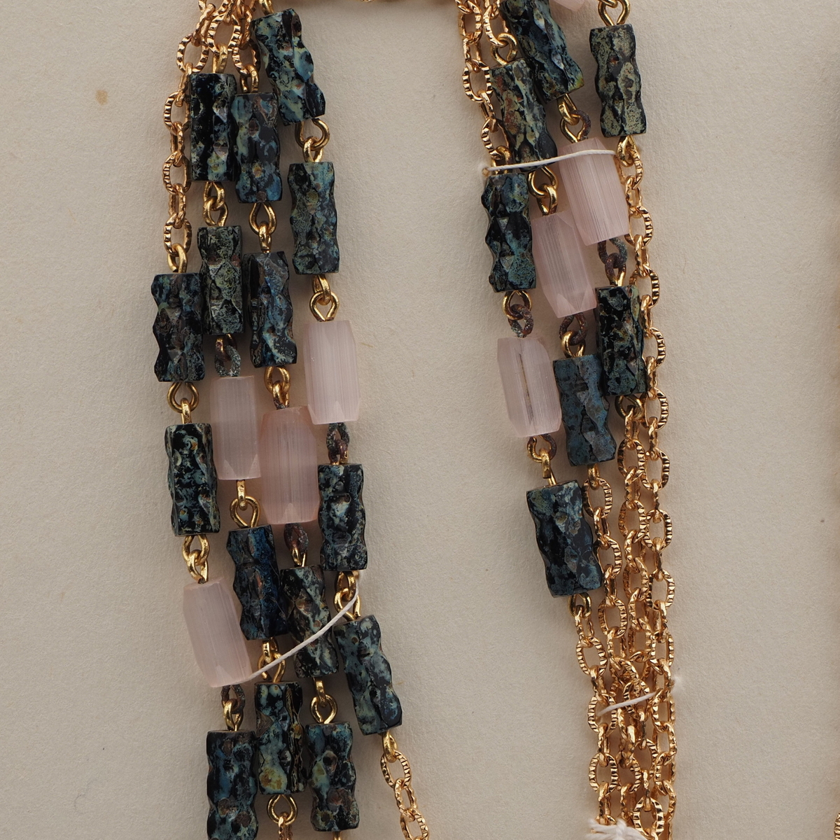 Vintage Czech 4 strand chain necklace satin atlas marble bugle glass beads 