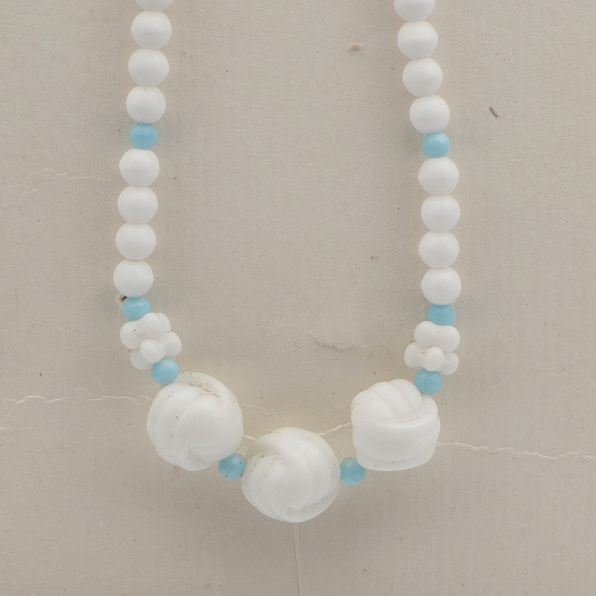 Vintage Czech necklace white rondelle flower wool knot glass beads 