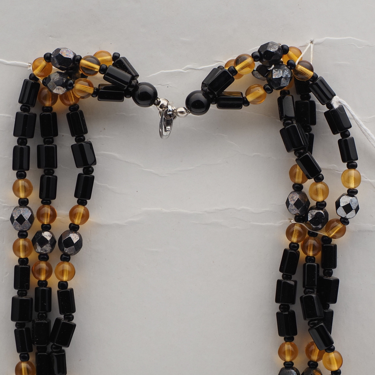 Vintage Czech 3 strand necklace hematite black golden yellow glass beads 