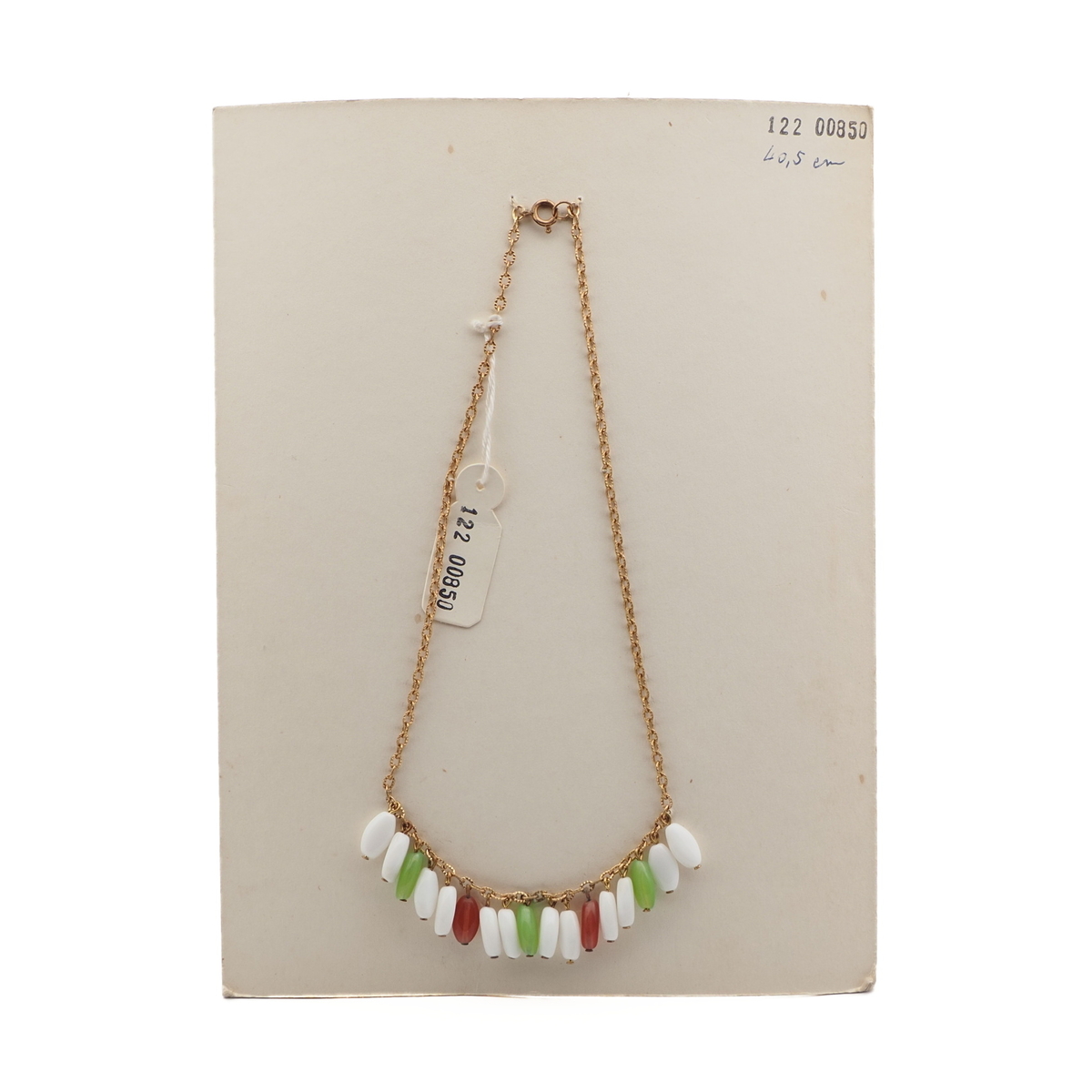 Vintage Czech gold chain necklace white green pink pendant glass beads 