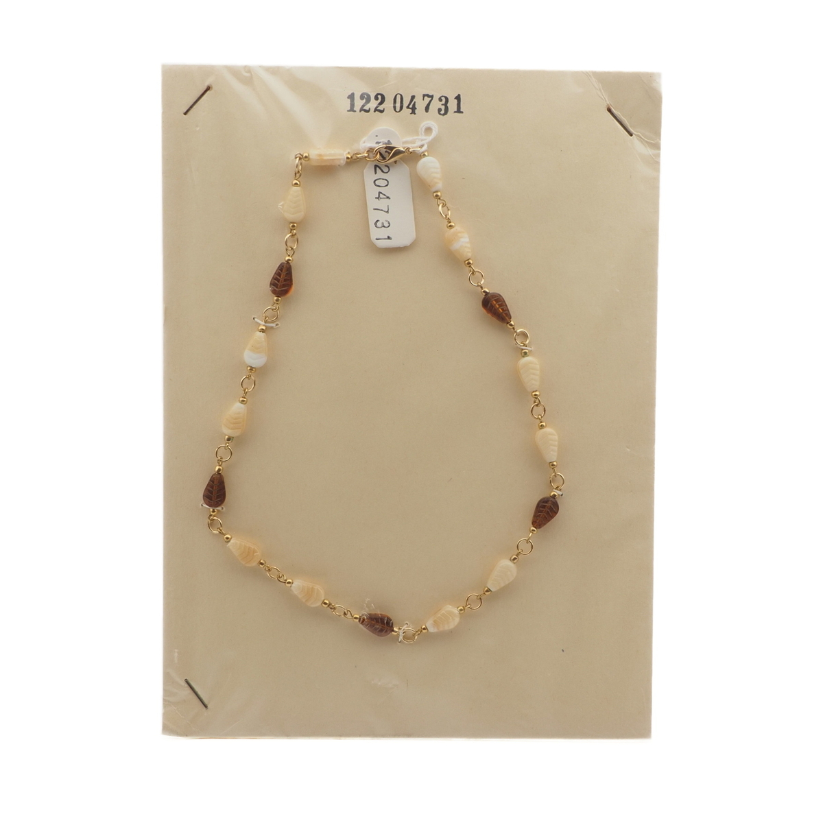Vintage Czech link necklace beige topaz feather teardrop glass beads 