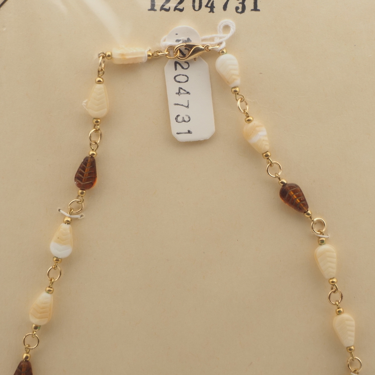 Vintage Czech link necklace beige topaz feather teardrop glass beads 