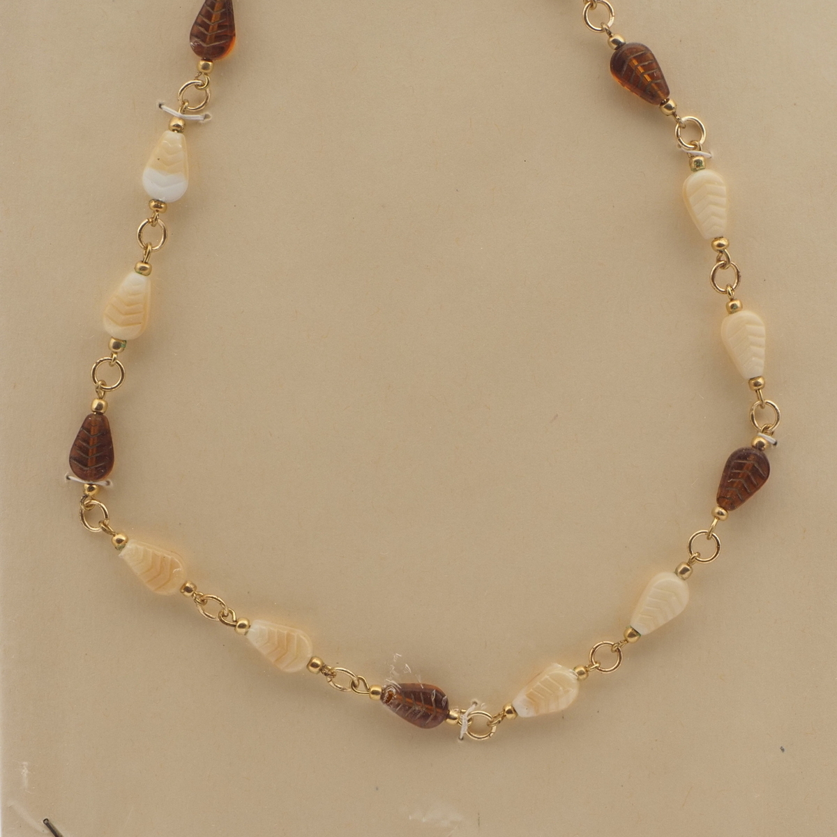 Vintage Czech link necklace beige topaz feather teardrop glass beads 