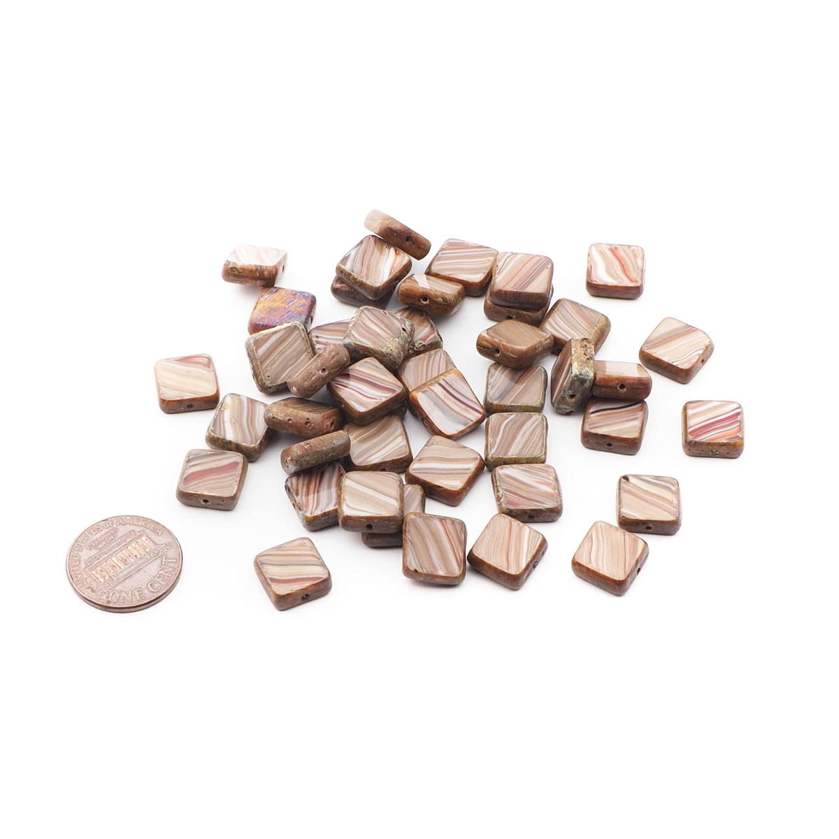 Lot (43) Czech marble square table cut Picasso glass beads 11mm