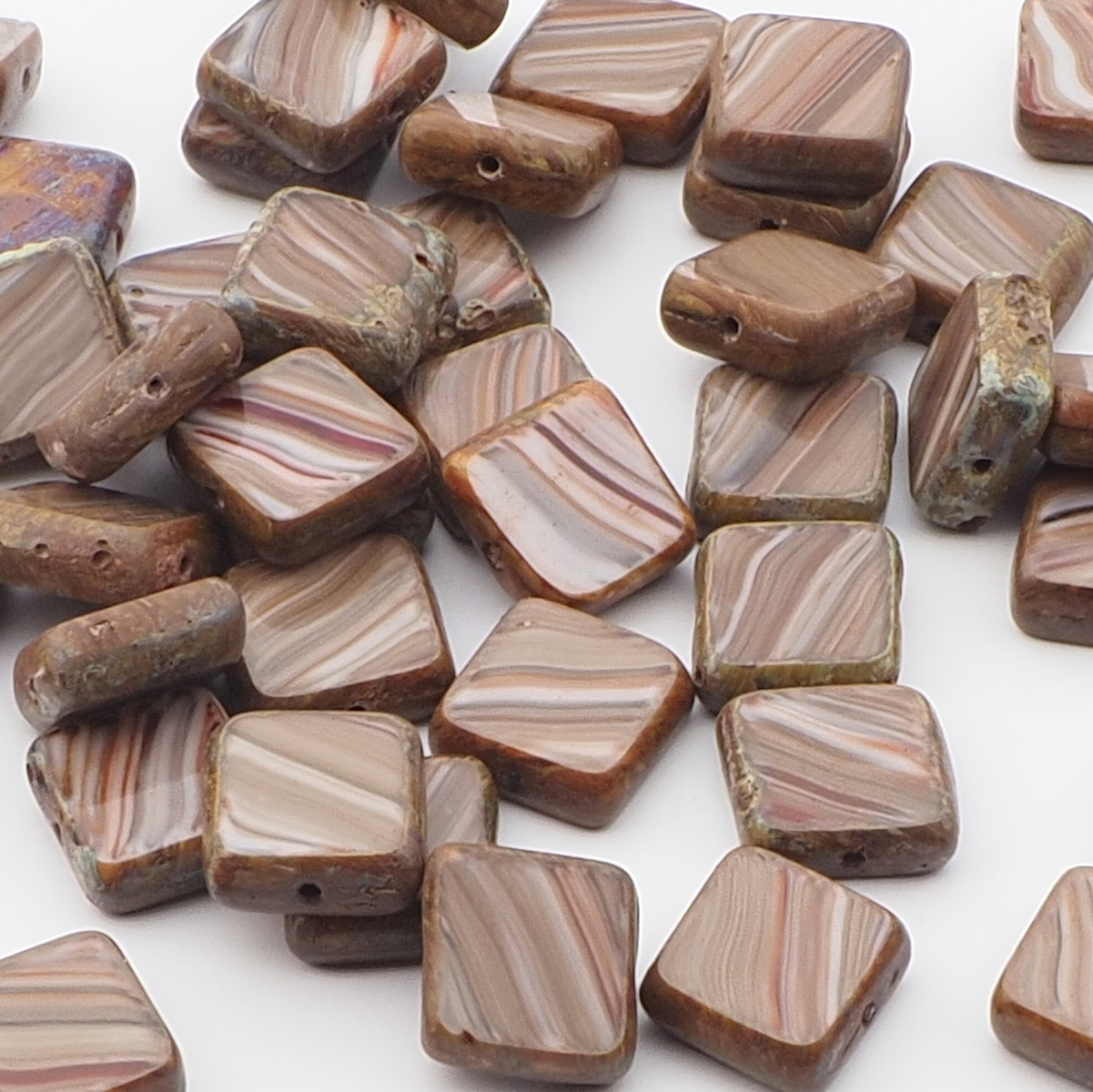 Lot (43) Czech marble square table cut Picasso glass beads 11mm