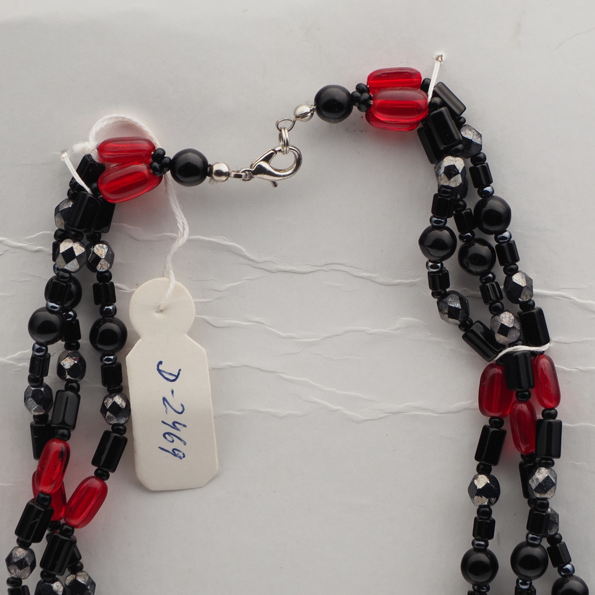 Vintage Czech 3 strand necklace hematite black red glass beads