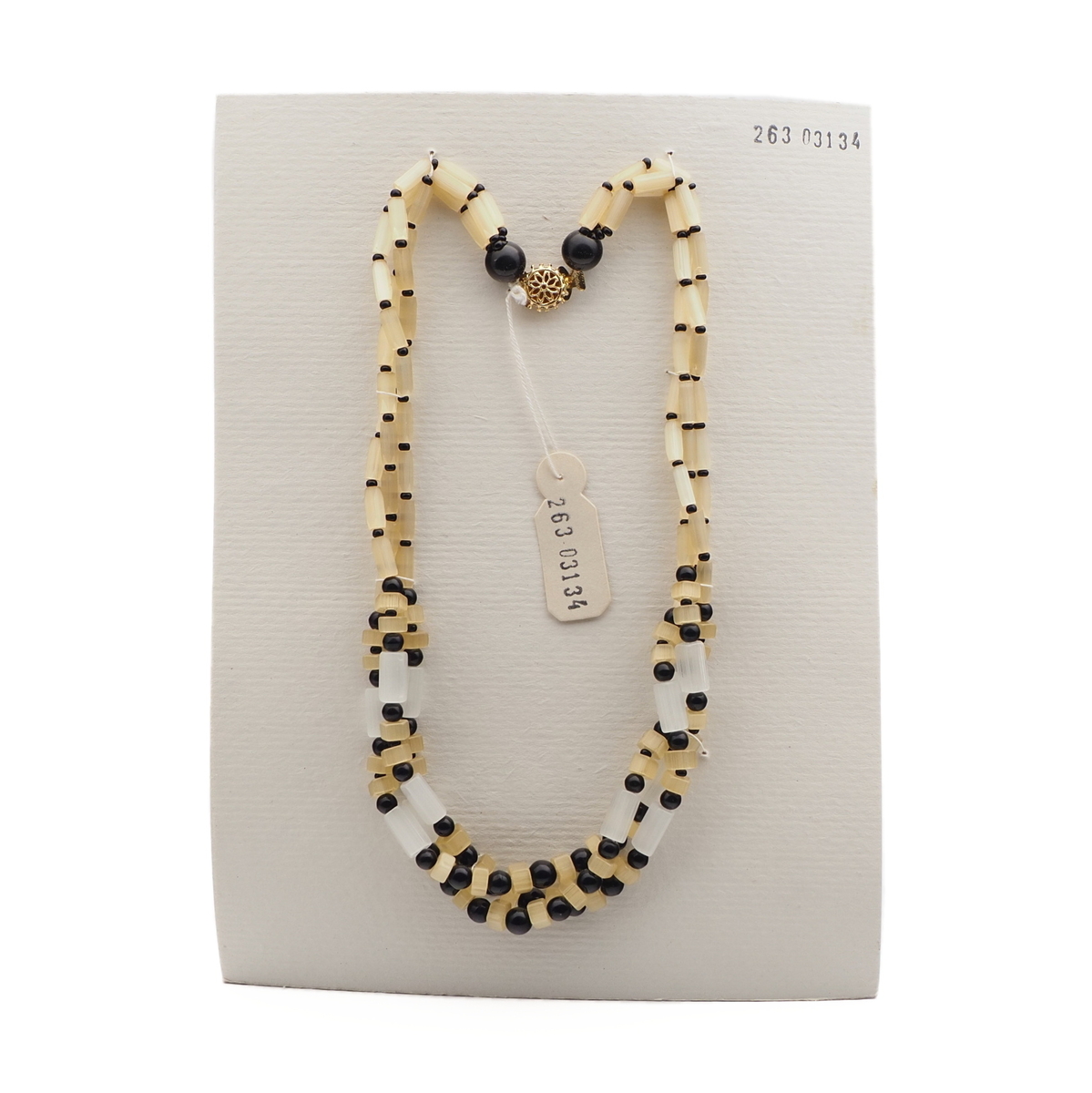 Vintage Czech 3 strand necklace yellow clear satin atlas pentagon black glass beads 