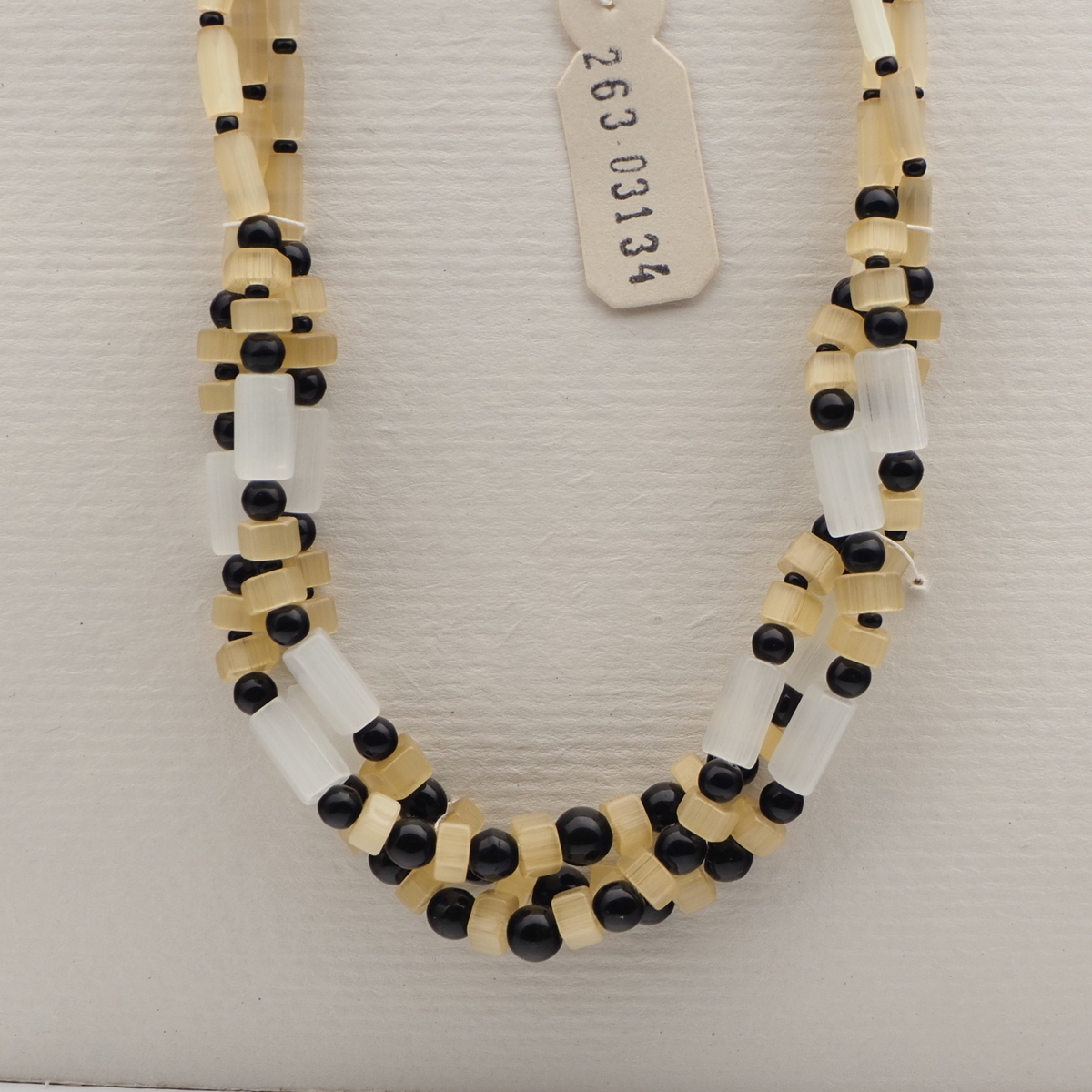 Vintage Czech 3 strand necklace yellow clear satin atlas pentagon black glass beads 