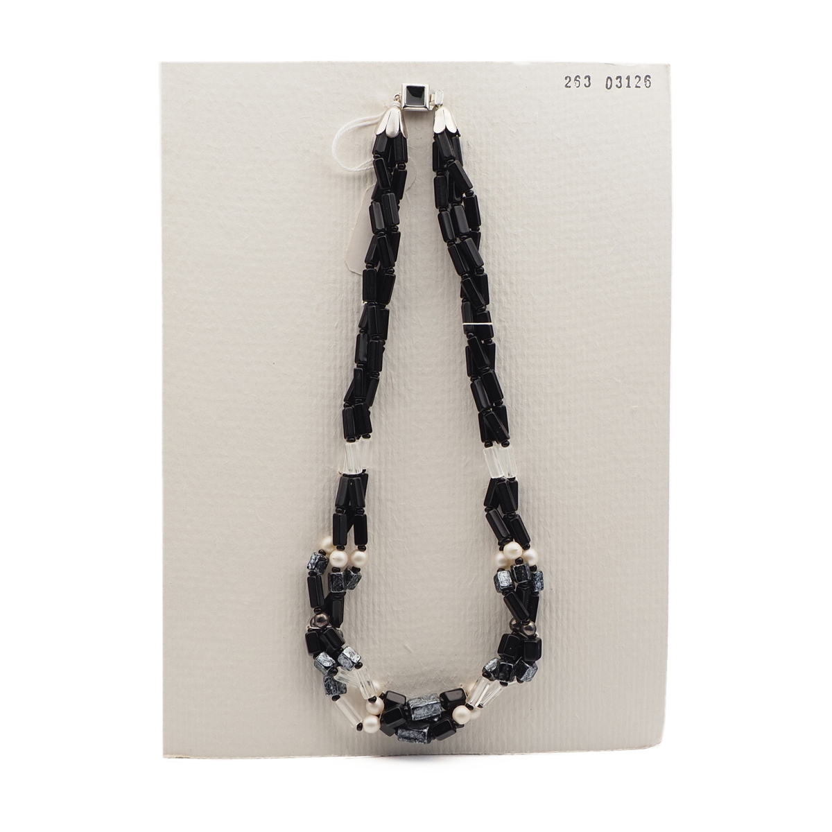 Vintage Czech 3 strand necklace black clear marble pentagon pearl glass beads 