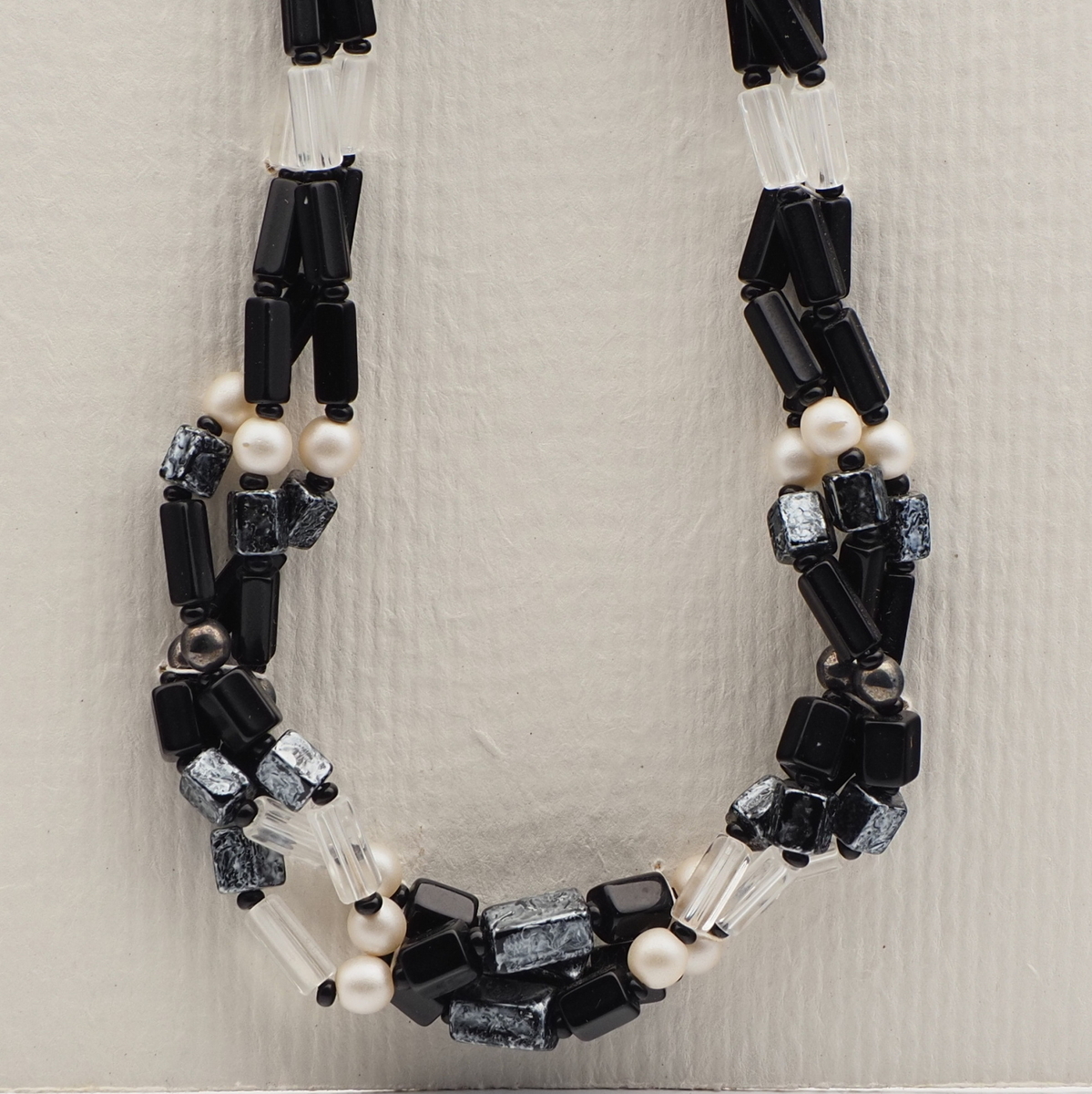 Vintage Czech 3 strand necklace black clear marble pentagon pearl glass beads 