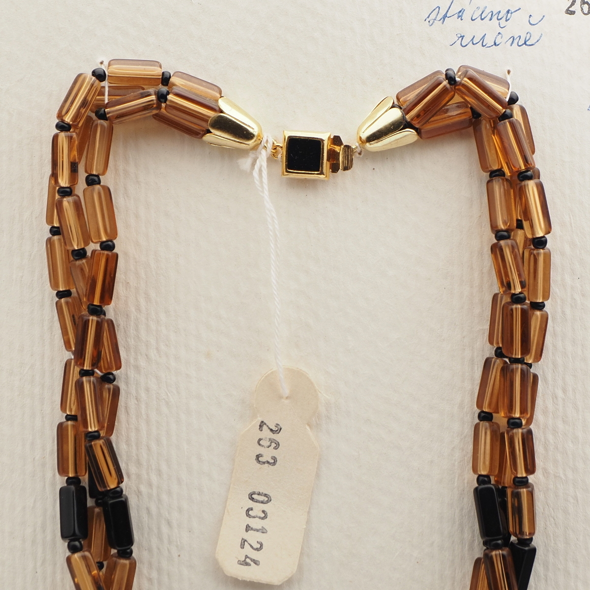 Vintage Czech 3 strand necklace vitrail topaz black marble pentagon black glass beads 