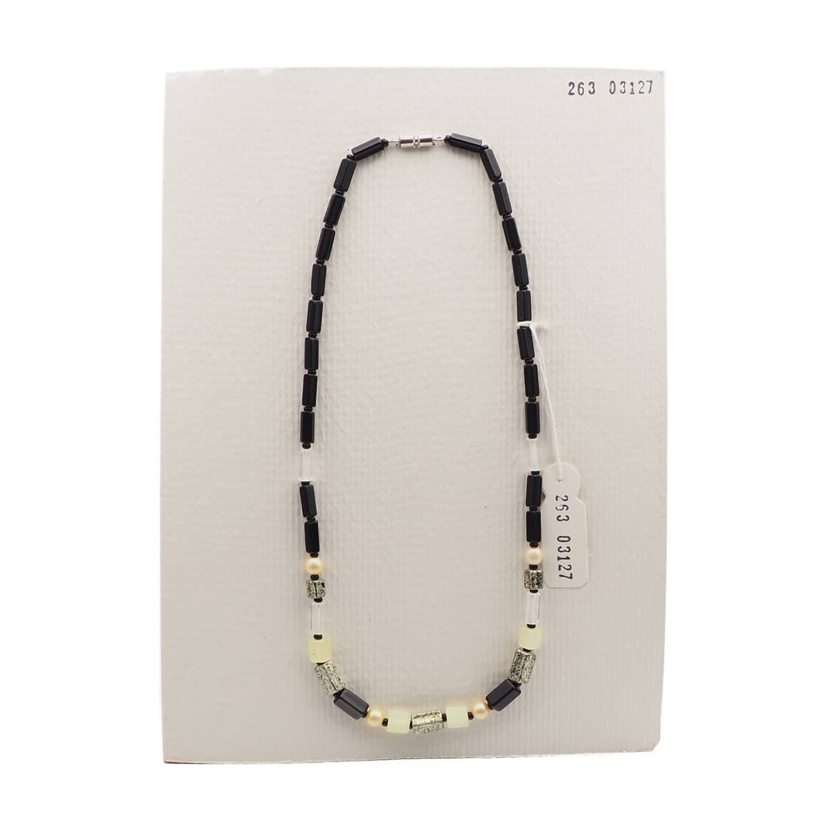 Vintage Czech necklace yellow black clear marble pentagon pearl glass beads 