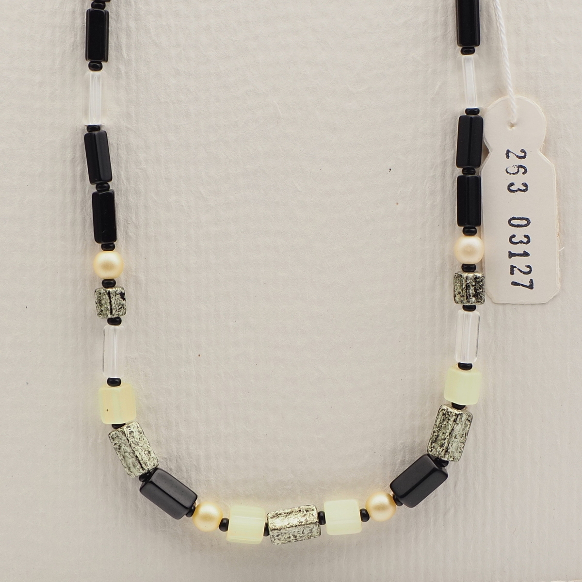 Vintage Czech necklace yellow black clear marble pentagon pearl glass beads 