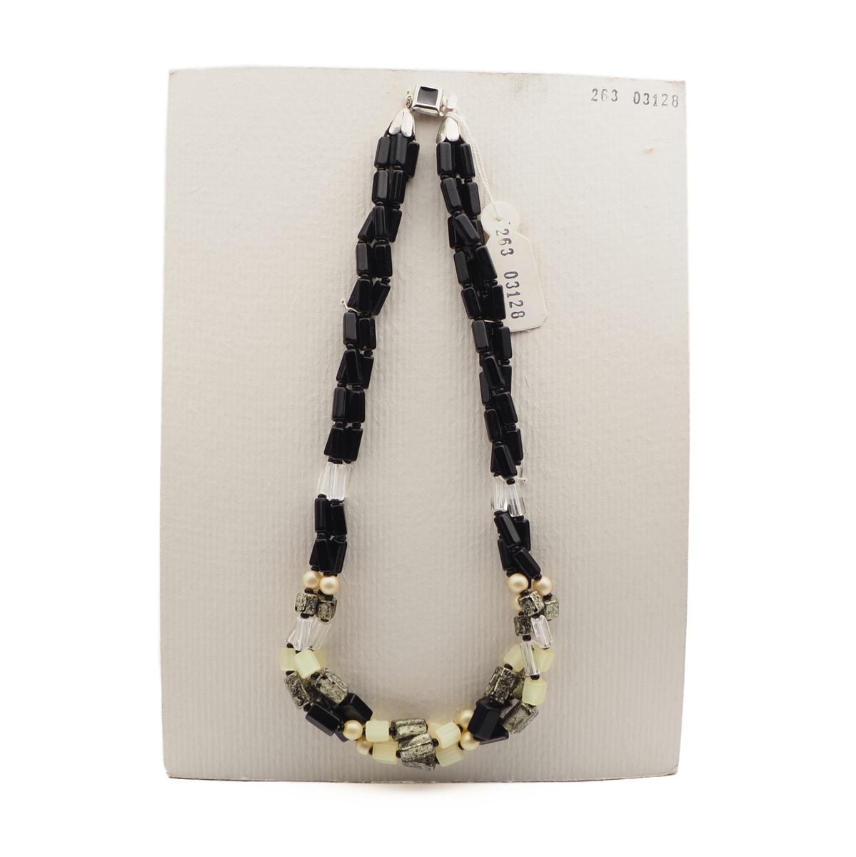Vintage Czech 3 strand necklace yellow black clear marble pentagon pearl glass beads 