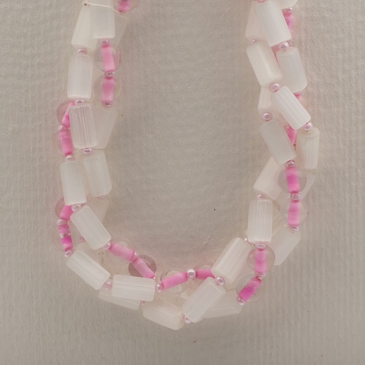 Vintage Czech 3 strand necklace frost satin atlas pentagon pink bicolor glass beads 