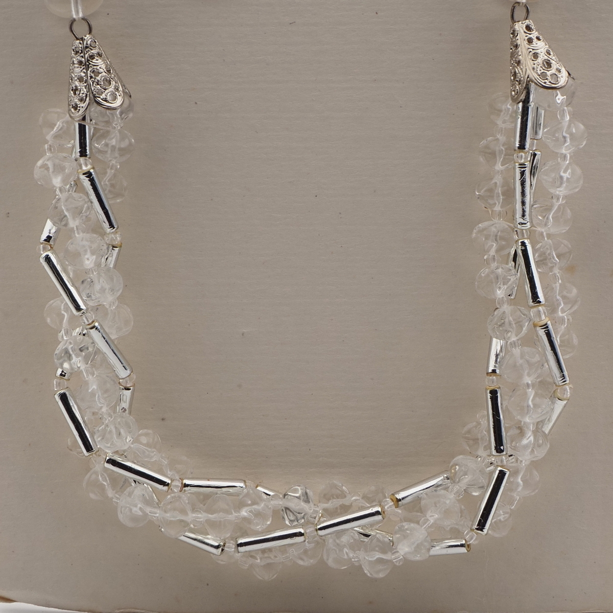 Vintage Czech 1 to 4 strand necklace clear rondelle glass beads silver plastic beads