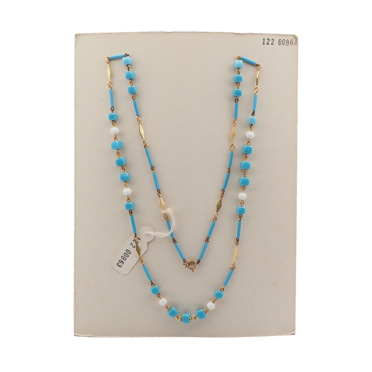 Vintage Czech link necklace blue white round cube bugle glass beads 