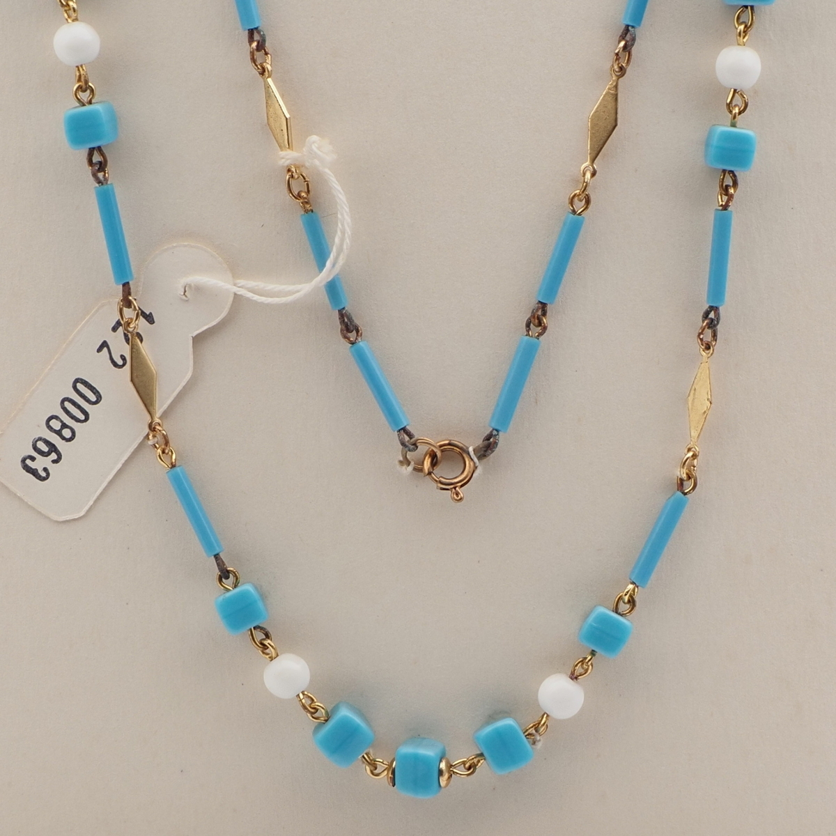 Vintage Czech link necklace blue white round cube bugle glass beads 