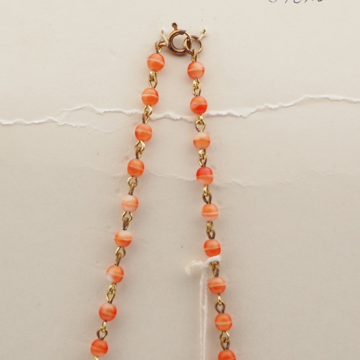 Vintage Czech gold chain necklace beige brown marble glass beads 