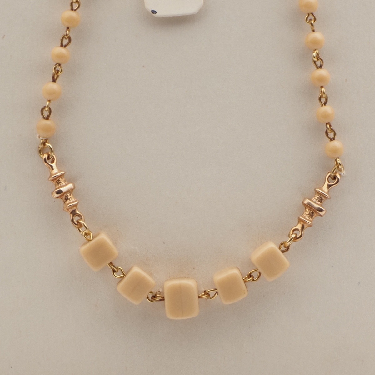 Vintage Czech gold chain necklace beige round cube glass beads 