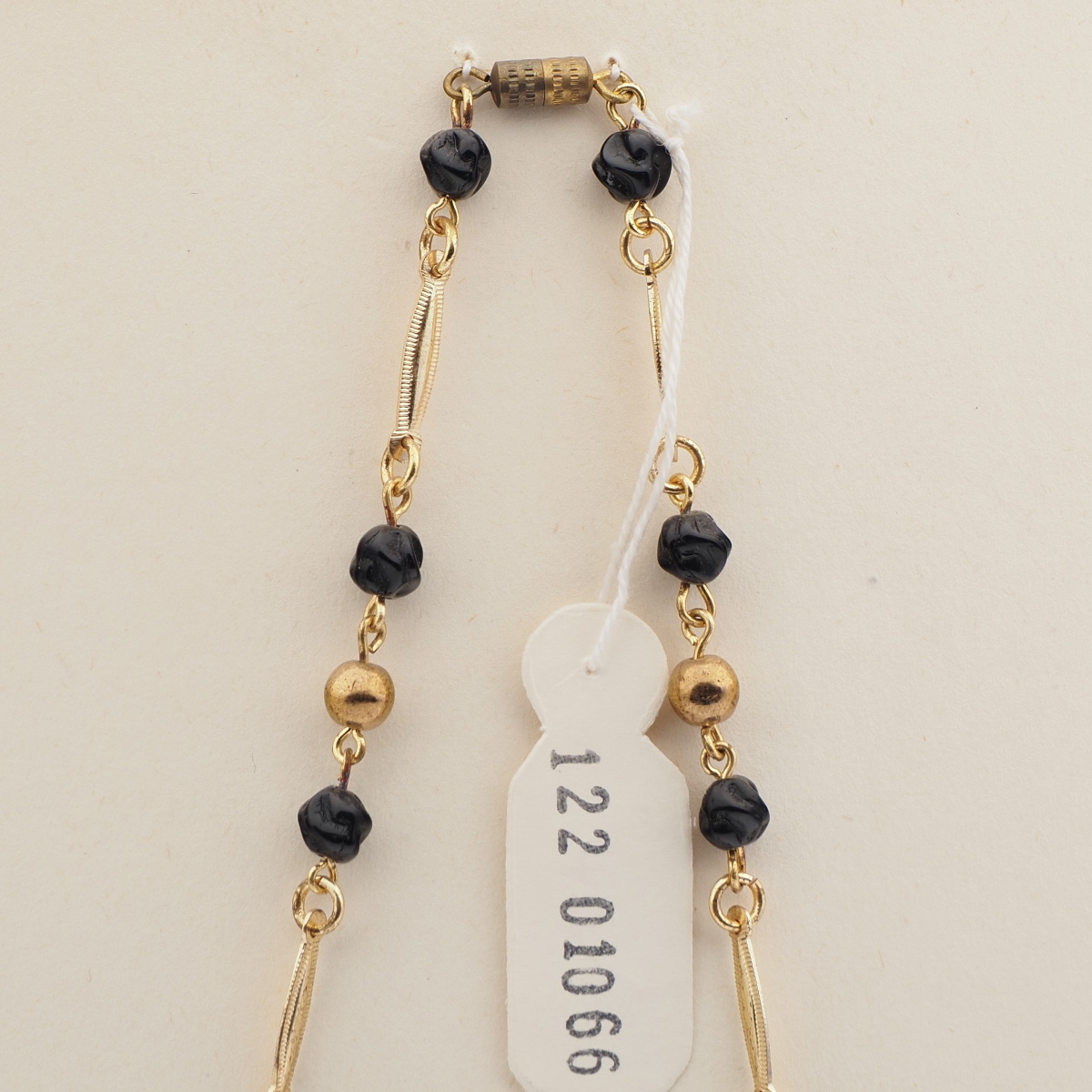 Vintage Czech gold link necklace gold round black twist glass beads 