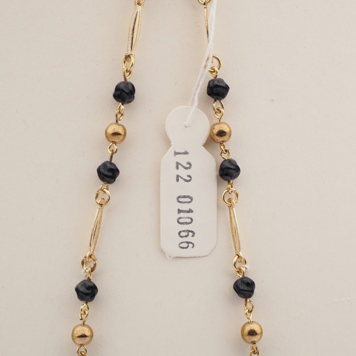 Vintage Czech gold link necklace gold round black twist glass beads 