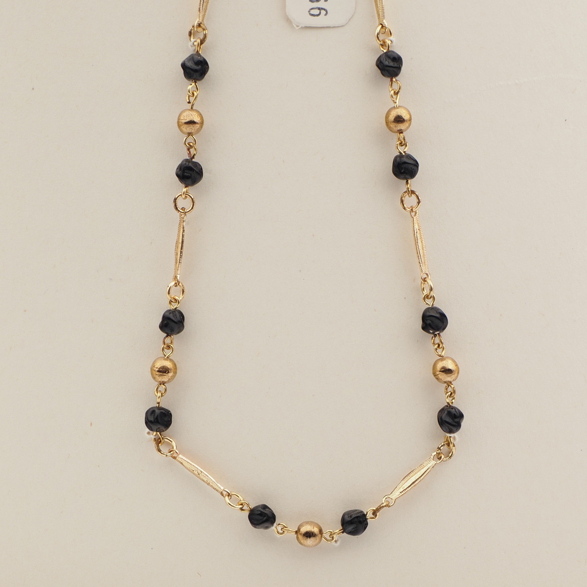 Vintage Czech gold link necklace gold round black twist glass beads 