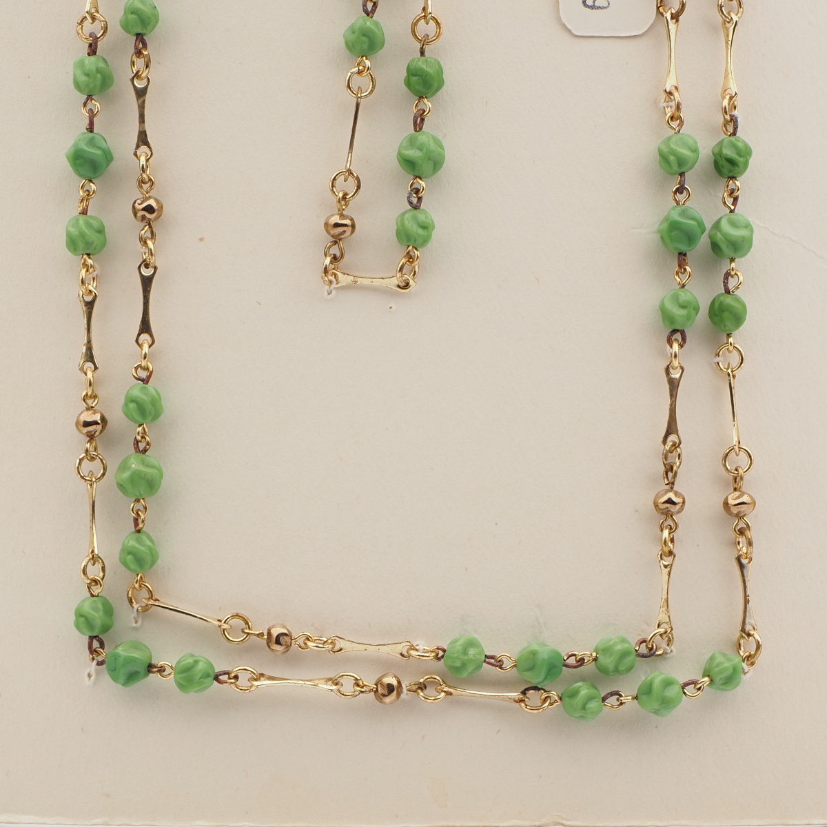 Vintage Czech wired link necklace beige twist gold glass beads 