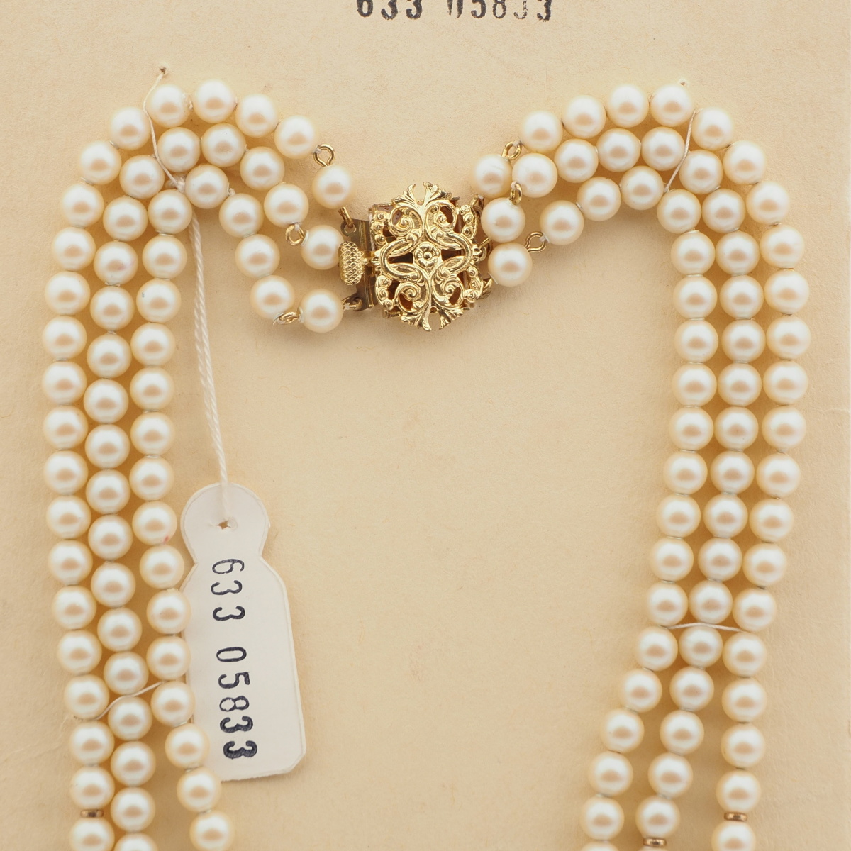 Vintage Czech 3 strand necklace beige pearl glass beads