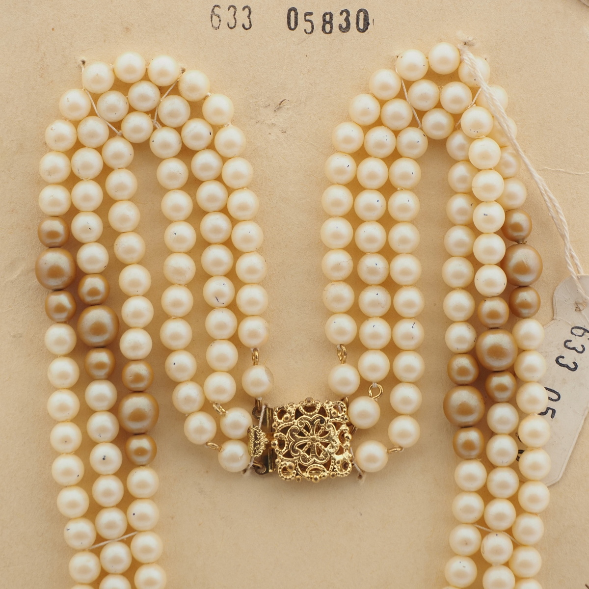 Vintage Czech 3 strand necklace beige pearl glass beads 