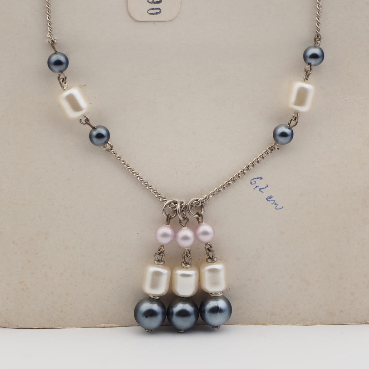 Vintage Czech silver chain tassle necklace pearl glass beads 