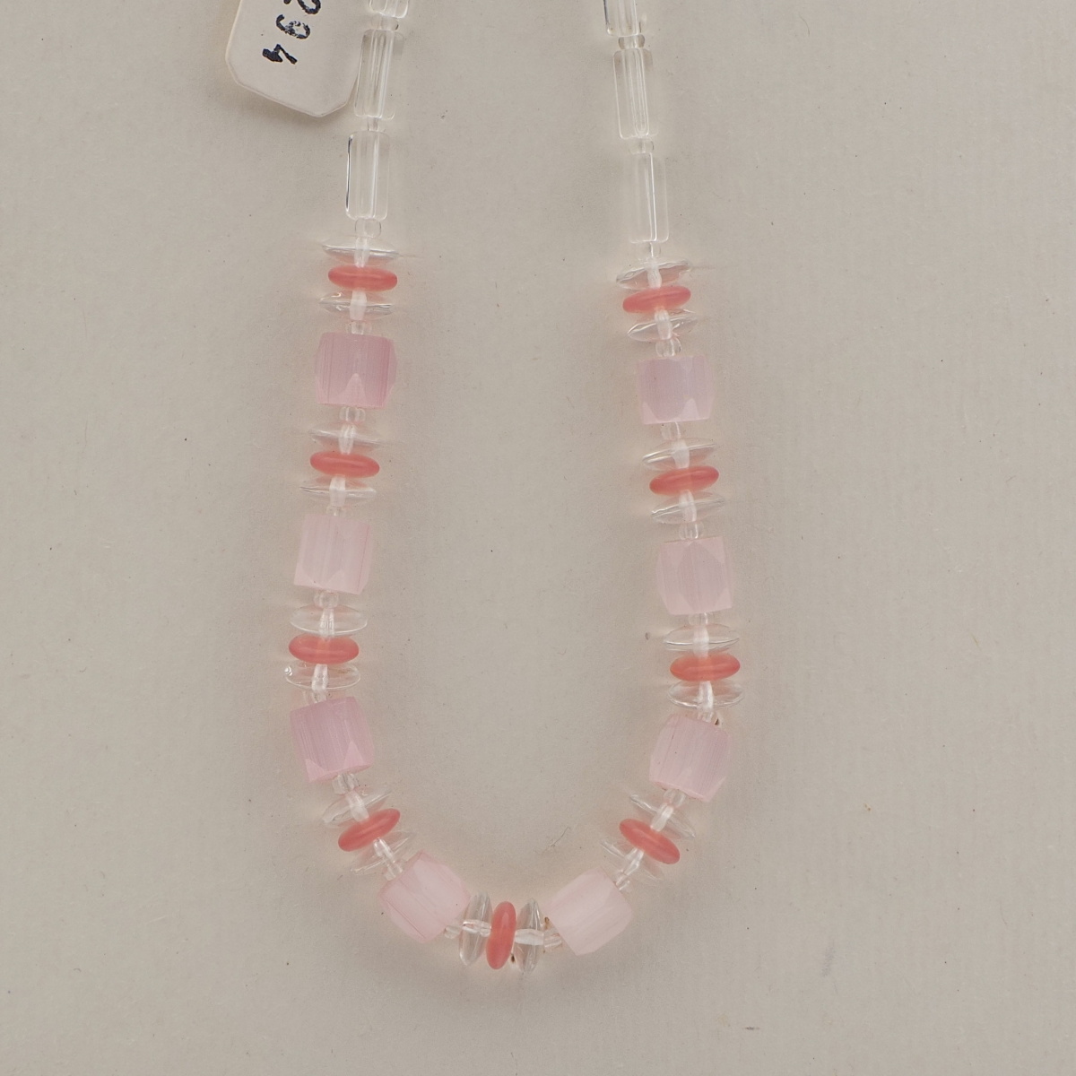 Vintage Czech necklace pink satin atlas opaline clear glass beads 