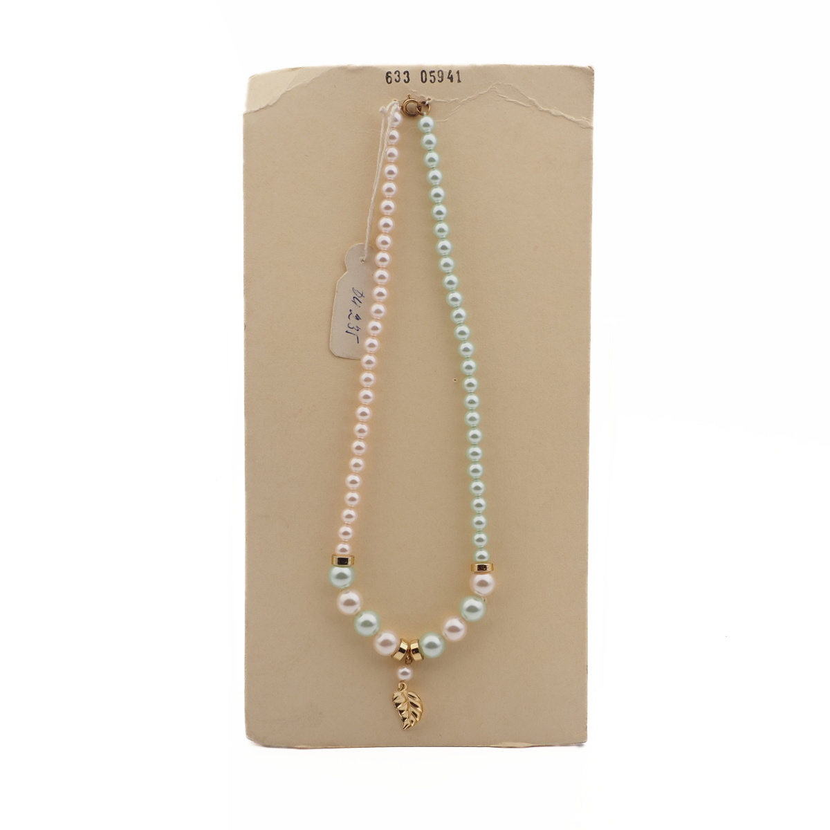 Vintage Czech necklace pearl glass beads gold leaf pendant