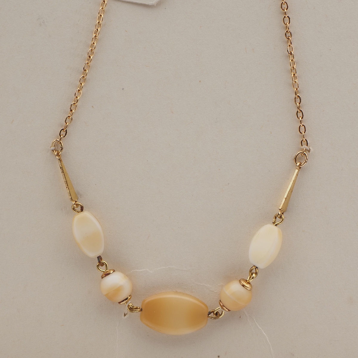 Vintage Czech gold chain necklace beige marble glass beads