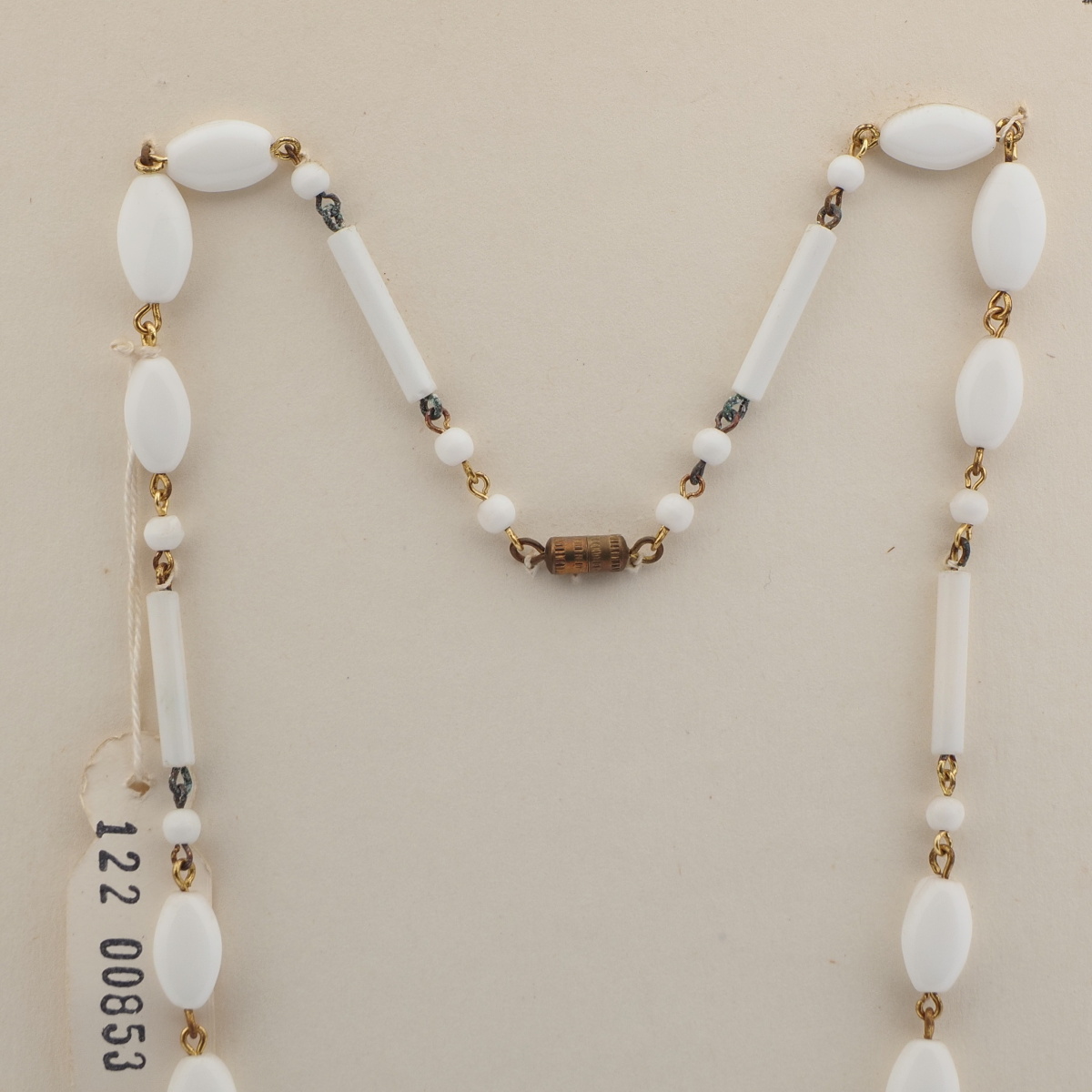 Vintage Czech link chain necklace white oval round bugle glass beads 