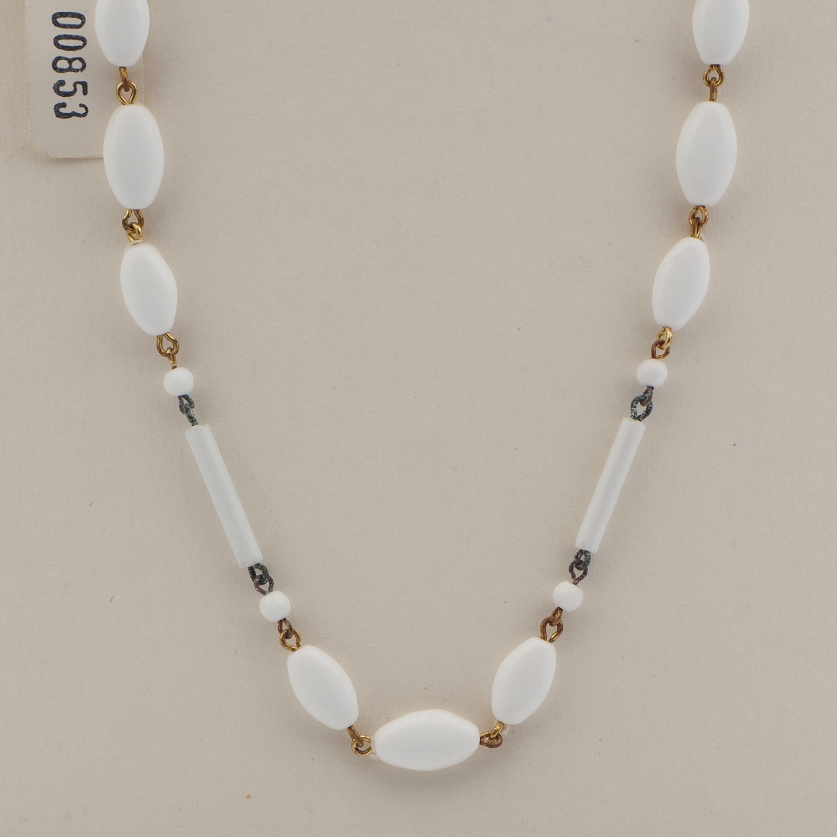 Vintage Czech link chain necklace white oval round bugle glass beads 