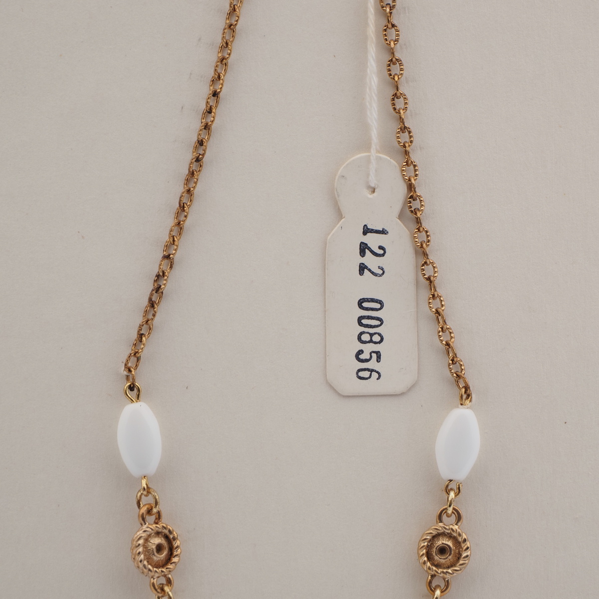 Vintage Czech link chain necklace white oval glass beads 