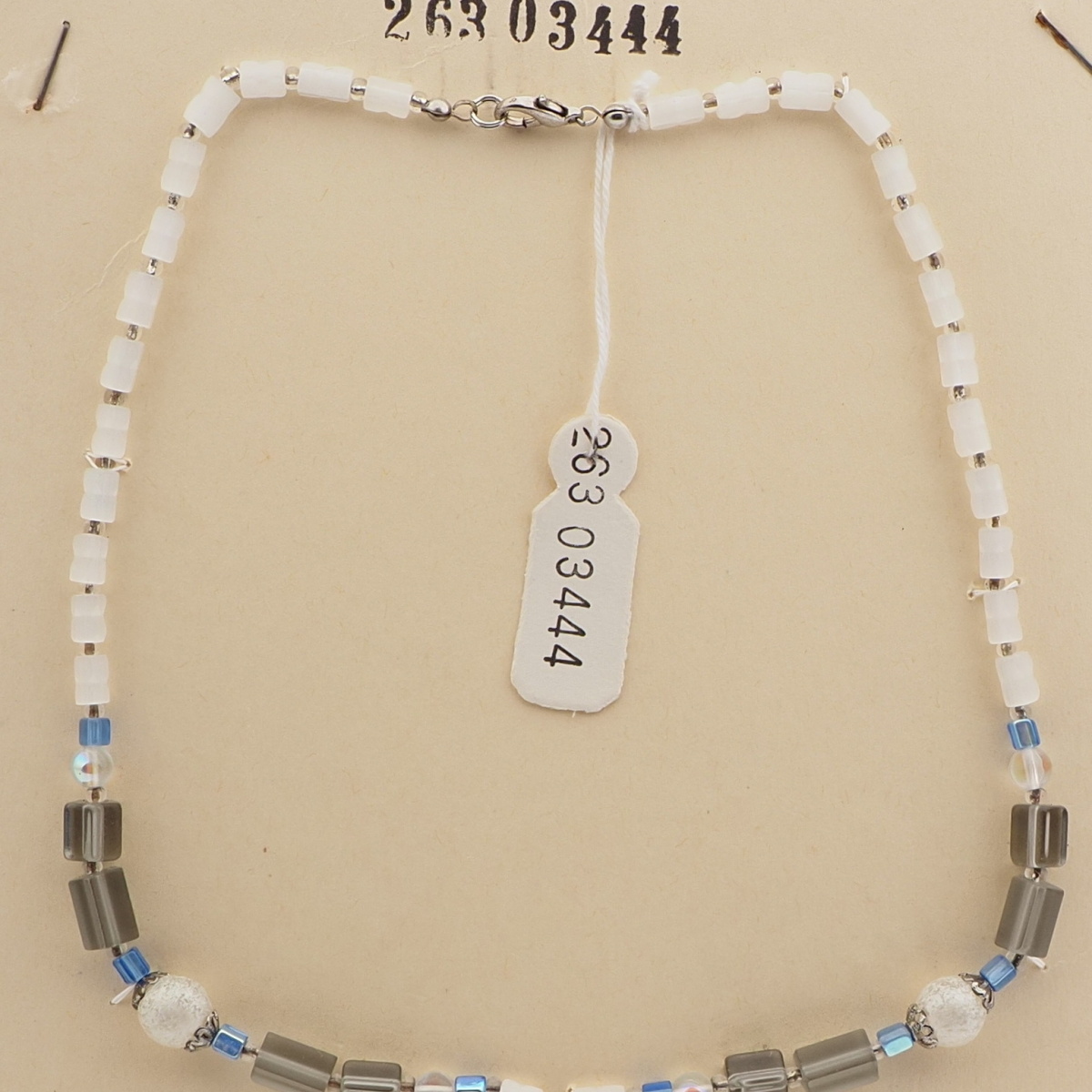 Vintage Czech necklace satin atlas blue clear silvered glass beads 