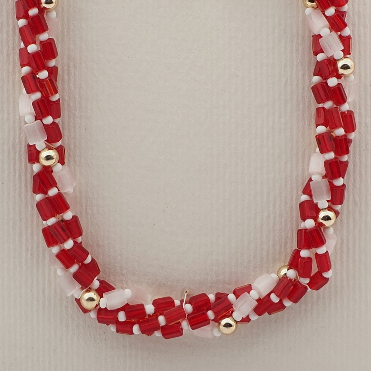 Vintage Czech 4 strand necklace frost satin atlas red bugle glass beads