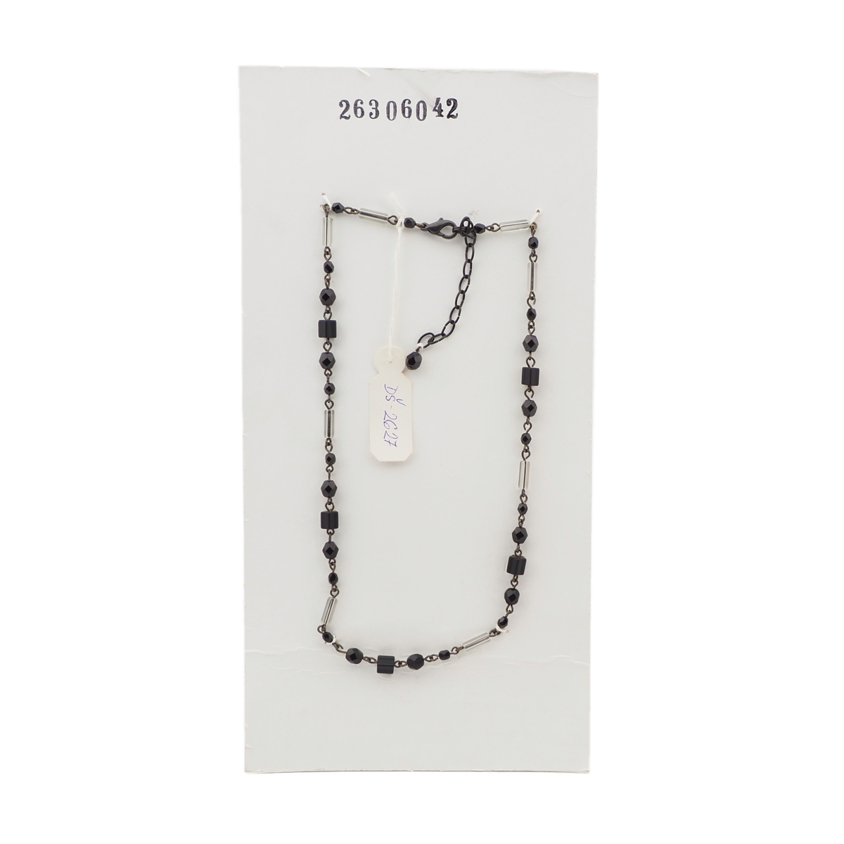 Vintage Czech link necklace black clear round faceted bugle glass beads